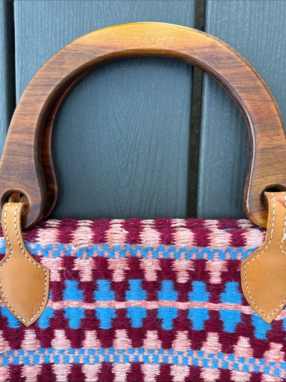 Woven Pattern Handbag with Wood Handles - Burgundy & Turquoise